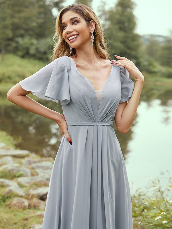 A-Line/Princess Chiffon Ruffles V-neck Short Sleeves Floor-Length Bridesmaid Dresses Evening Prom Dress