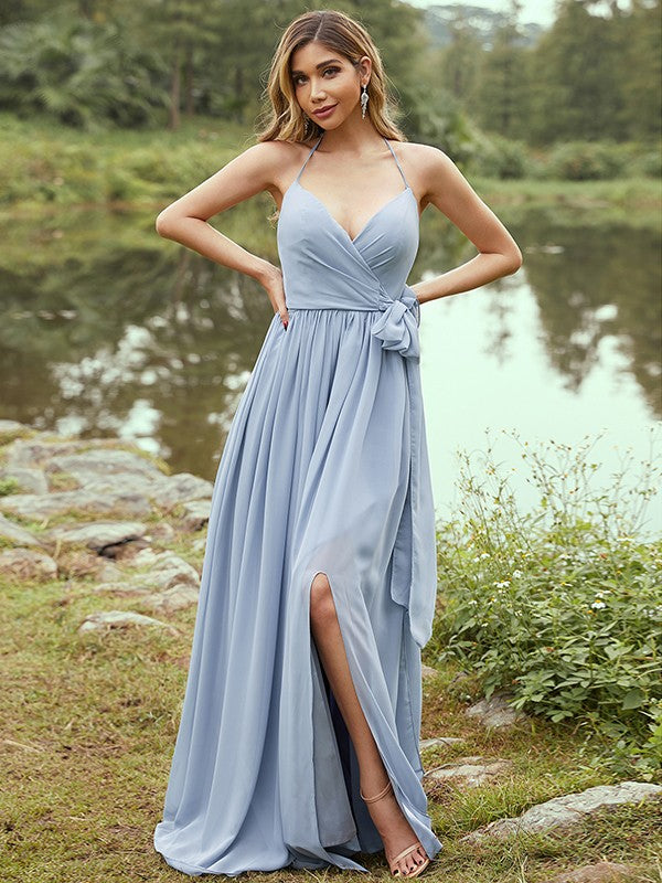 A-Line/Princess Chiffon Ruffles V-neck Sleeveless Sweep/Brush Train Bridesmaid Dresses Prom Dress