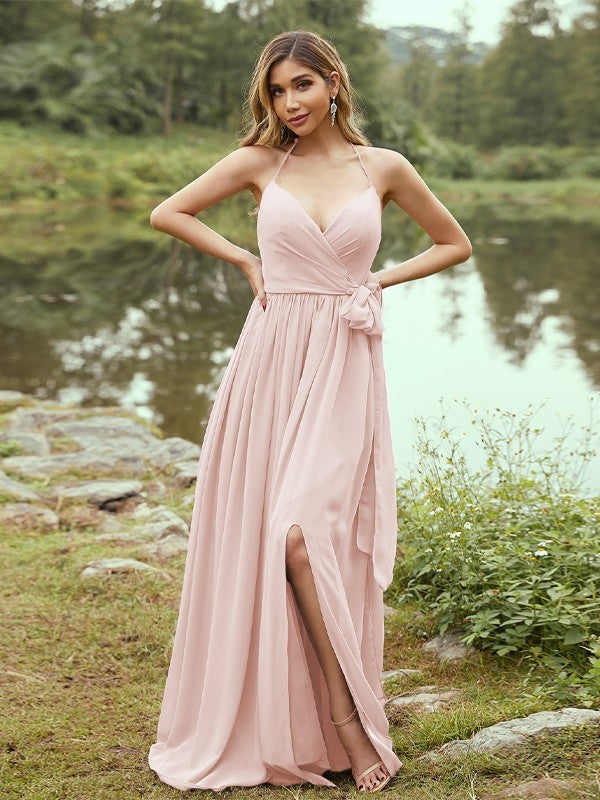 A-Line/Princess Chiffon Ruffles V-neck Sleeveless Sweep/Brush Train Bridesmaid Dresses Prom Dress