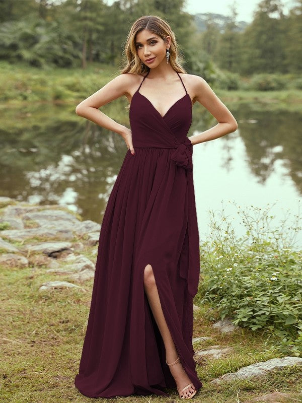 A-Line/Princess Chiffon Ruffles V-neck Sleeveless Sweep/Brush Train Bridesmaid Dresses Prom Dress