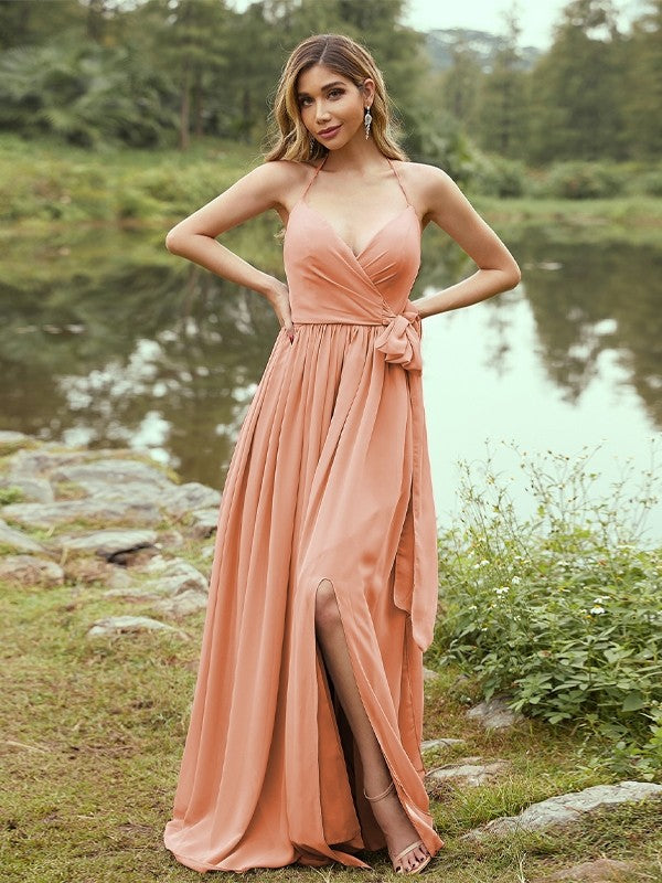 A-Line/Princess Chiffon Ruffles V-neck Sleeveless Sweep/Brush Train Bridesmaid Dresses Prom Dress