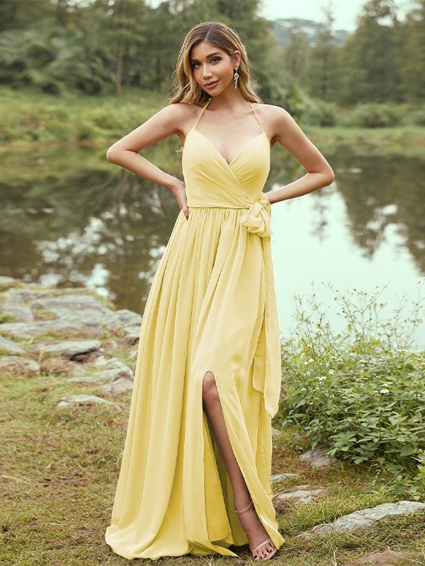 A-Line/Princess Chiffon Ruffles V-neck Sleeveless Sweep/Brush Train Bridesmaid Dresses Prom Dress