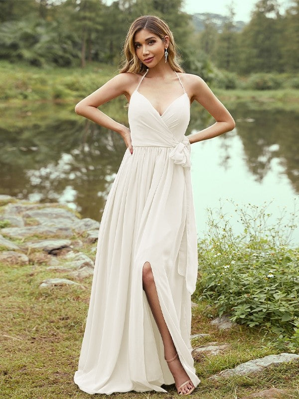 A-Line/Princess Chiffon Ruffles V-neck Sleeveless Sweep/Brush Train Bridesmaid Dresses Prom Dress