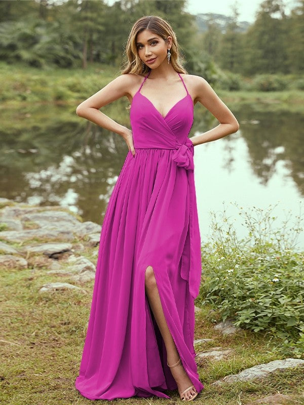 A-Line/Princess Chiffon Ruffles V-neck Sleeveless Sweep/Brush Train Bridesmaid Dresses Prom Dress