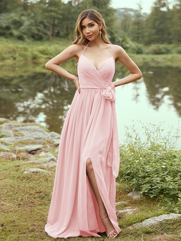 A-Line/Princess Chiffon Ruffles V-neck Sleeveless Sweep/Brush Train Bridesmaid Dresses Prom Dress