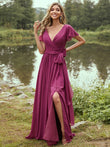 A-Line/Princess Chiffon Ruffles V-neck Short Sleeves Floor-Length Bridesmaid Dresses Evening Prom Dress