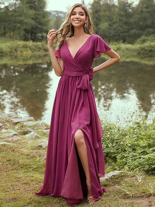 A-Line/Princess Chiffon Ruffles V-neck Short Sleeves Floor-Length Bridesmaid Dresses Evening Prom Dress