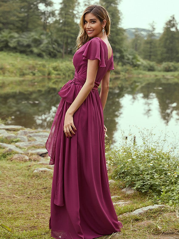 A-Line/Princess Chiffon Ruffles V-neck Short Sleeves Floor-Length Bridesmaid Dresses Evening Prom Dress