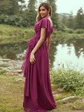 A-Line/Princess Chiffon Ruffles V-neck Short Sleeves Floor-Length Bridesmaid Dresses Evening Prom Dress