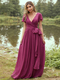 A-Line/Princess Chiffon Ruffles V-neck Short Sleeves Floor-Length Bridesmaid Dresses Evening Prom Dress