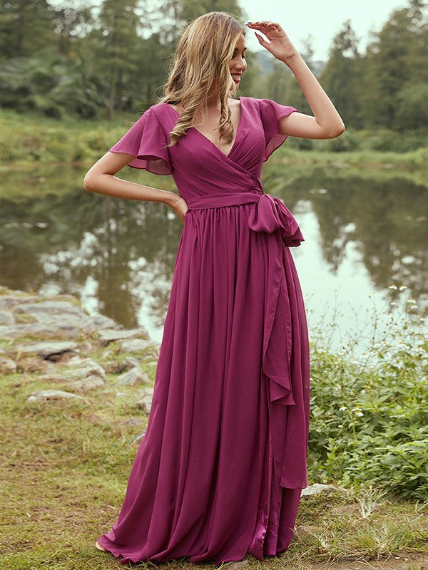 A-Line/Princess Chiffon Ruffles V-neck Short Sleeves Floor-Length Bridesmaid Dresses Evening Prom Dress