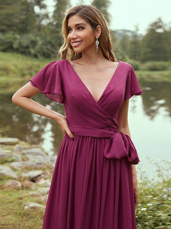 A-Line/Princess Chiffon Ruffles V-neck Short Sleeves Floor-Length Bridesmaid Dresses Evening Prom Dress