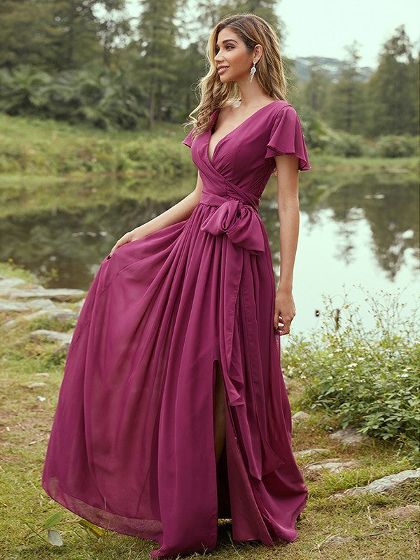 A-Line/Princess Chiffon Ruffles V-neck Short Sleeves Floor-Length Bridesmaid Dresses Evening Prom Dress