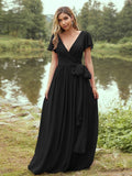 A-Line/Princess Chiffon Ruffles V-neck Short Sleeves Floor-Length Bridesmaid Dresses Evening Prom Dress