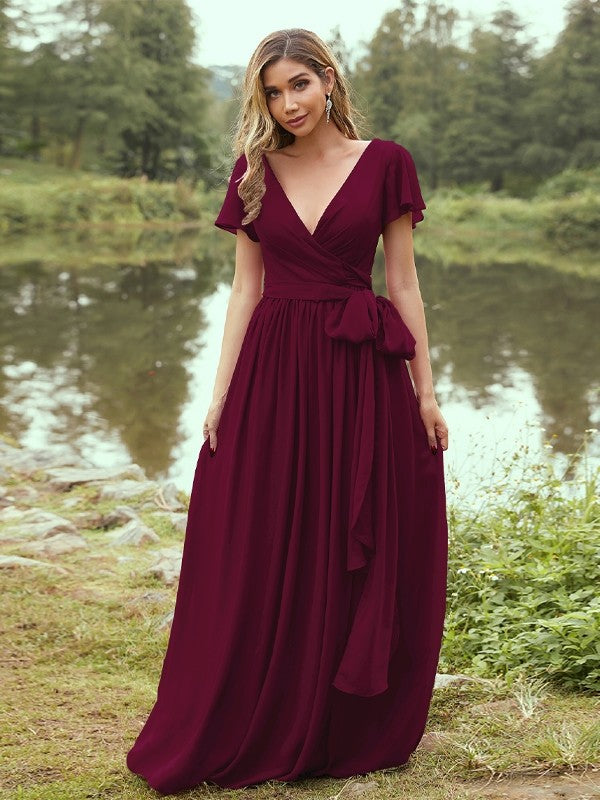 A-Line/Princess Chiffon Ruffles V-neck Short Sleeves Floor-Length Bridesmaid Dresses Evening Prom Dress