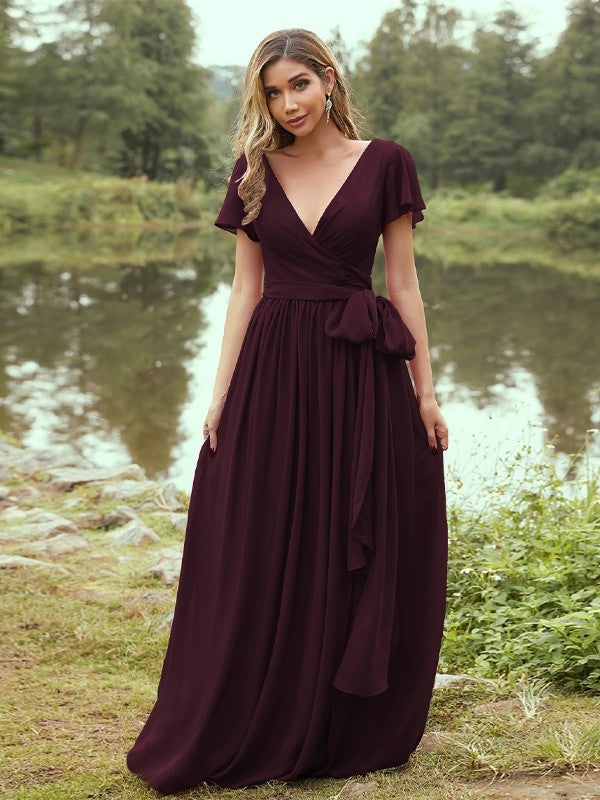 A-Line/Princess Chiffon Ruffles V-neck Short Sleeves Floor-Length Bridesmaid Dresses Evening Prom Dress