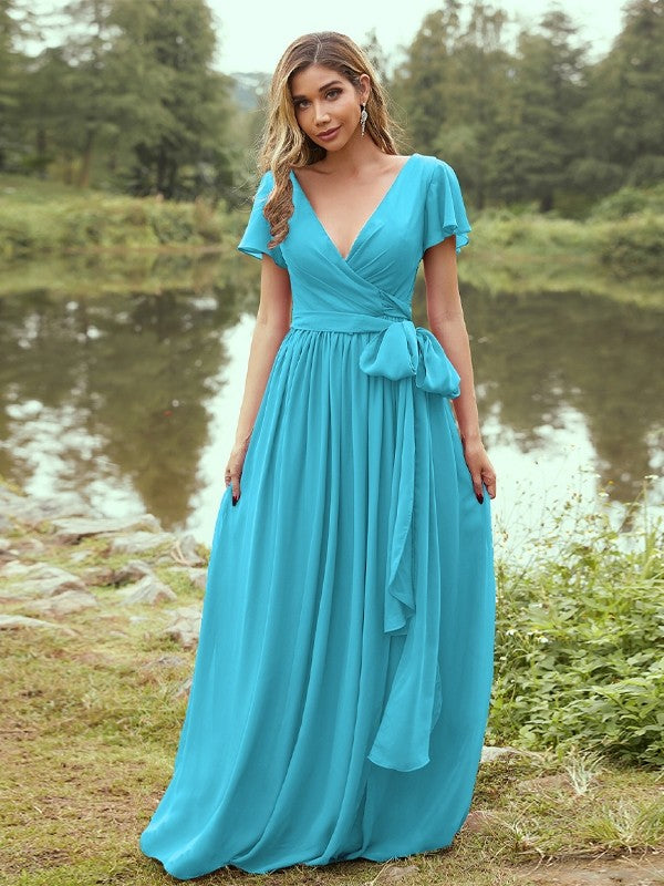 A-Line/Princess Chiffon Ruffles V-neck Short Sleeves Floor-Length Bridesmaid Dresses Evening Prom Dress