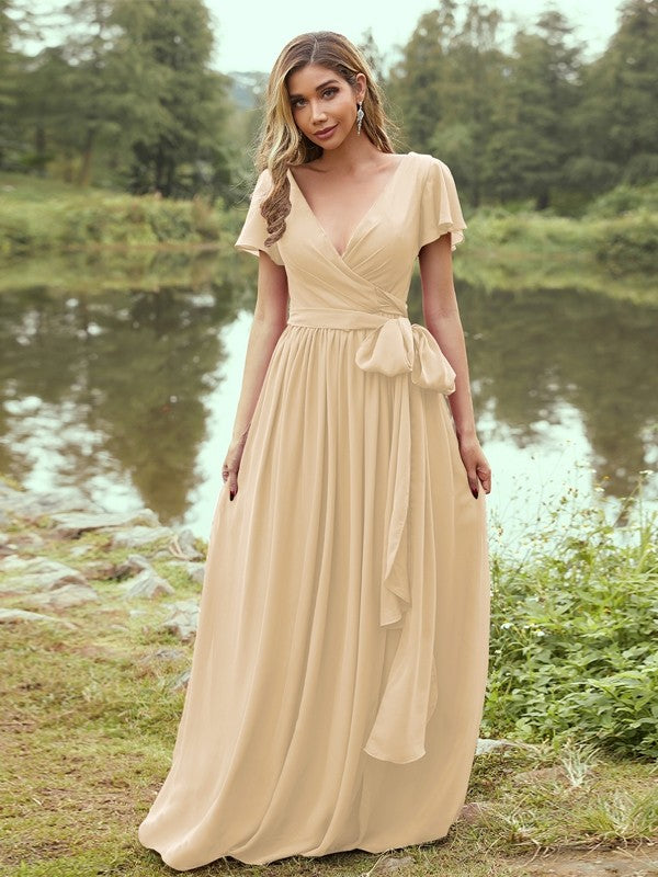A-Line/Princess Chiffon Ruffles V-neck Short Sleeves Floor-Length Bridesmaid Dresses Evening Prom Dress