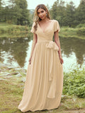 A-Line/Princess Chiffon Ruffles V-neck Short Sleeves Floor-Length Bridesmaid Dresses Evening Prom Dress