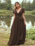 A-Line/Princess Chiffon Ruffles V-neck Short Sleeves Floor-Length Bridesmaid Dresses Evening Prom Dress