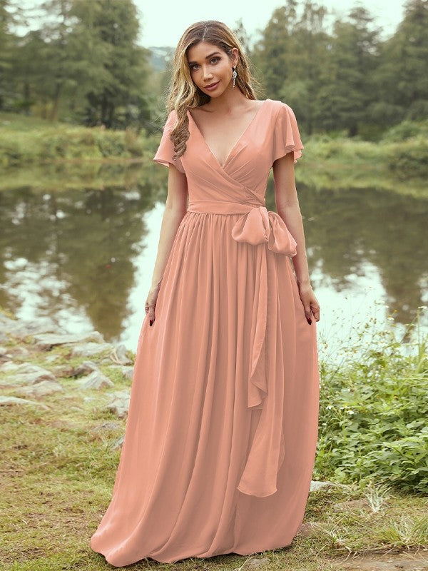 A-Line/Princess Chiffon Ruffles V-neck Short Sleeves Floor-Length Bridesmaid Dresses Evening Prom Dress