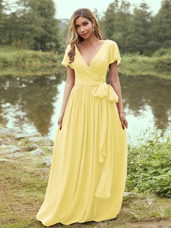 A-Line/Princess Chiffon Ruffles V-neck Short Sleeves Floor-Length Bridesmaid Dresses Evening Prom Dress