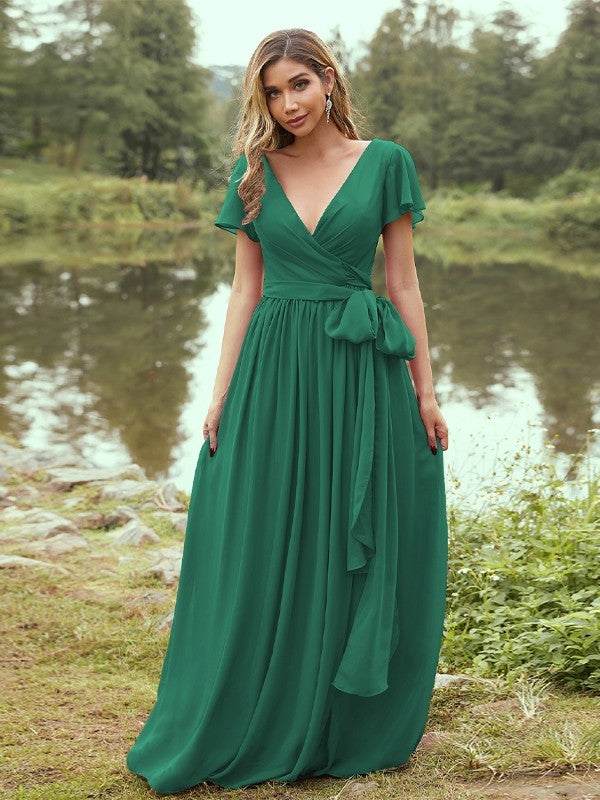 A-Line/Princess Chiffon Ruffles V-neck Short Sleeves Floor-Length Bridesmaid Dresses Evening Prom Dress