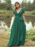 A-Line/Princess Chiffon Ruffles V-neck Short Sleeves Floor-Length Bridesmaid Dresses Evening Prom Dress