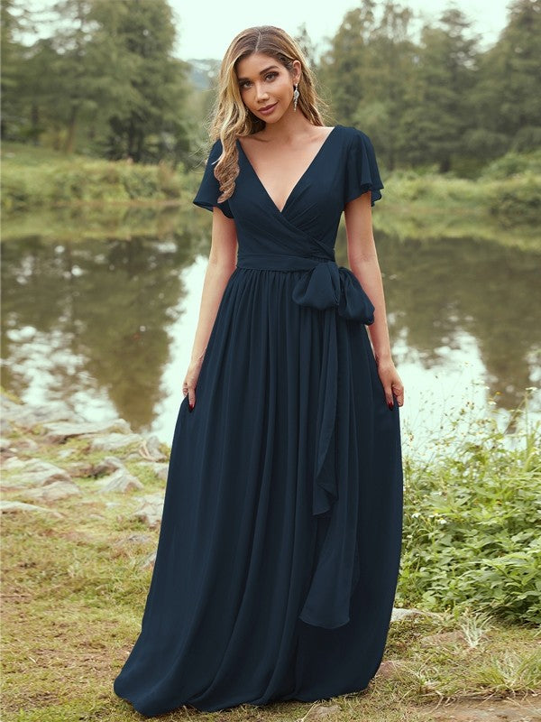 A-Line/Princess Chiffon Ruffles V-neck Short Sleeves Floor-Length Bridesmaid Dresses Evening Prom Dress