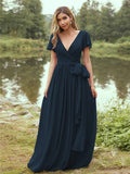 A-Line/Princess Chiffon Ruffles V-neck Short Sleeves Floor-Length Bridesmaid Dresses Evening Prom Dress