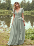 A-Line/Princess Chiffon Ruffles V-neck Short Sleeves Floor-Length Bridesmaid Dresses Evening Prom Dress