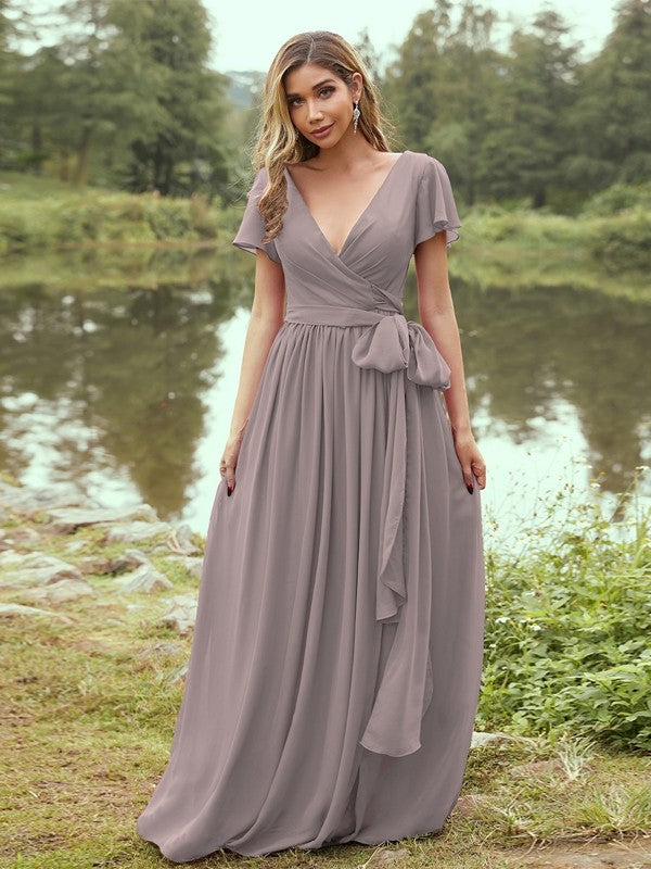 A-Line/Princess Chiffon Ruffles V-neck Short Sleeves Floor-Length Bridesmaid Dresses Evening Prom Dress