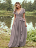 A-Line/Princess Chiffon Ruffles V-neck Short Sleeves Floor-Length Bridesmaid Dresses Evening Prom Dress