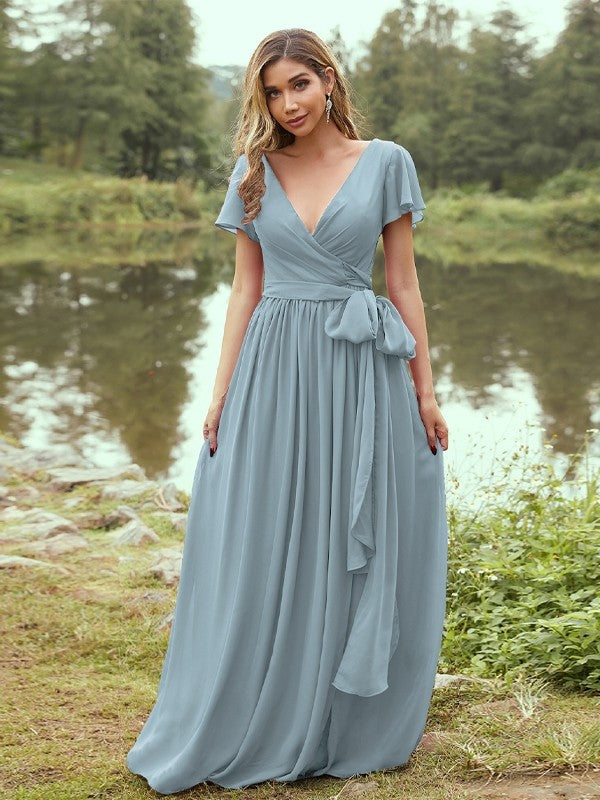 A-Line/Princess Chiffon Ruffles V-neck Short Sleeves Floor-Length Bridesmaid Dresses Evening Prom Dress