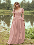 A-Line/Princess Chiffon Ruffles V-neck Short Sleeves Floor-Length Bridesmaid Dresses Evening Prom Dress