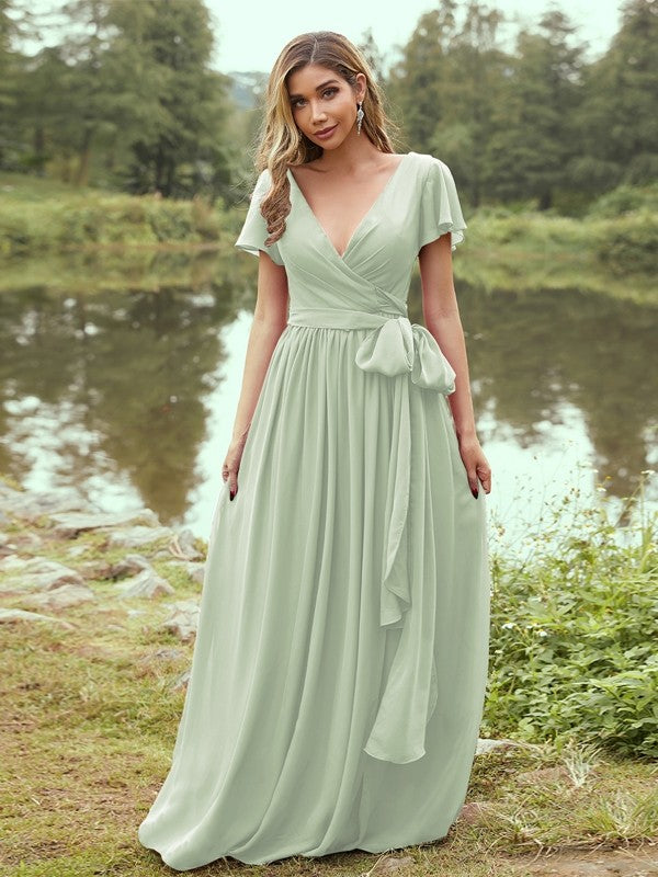 A-Line/Princess Chiffon Ruffles V-neck Short Sleeves Floor-Length Bridesmaid Dresses Evening Prom Dress