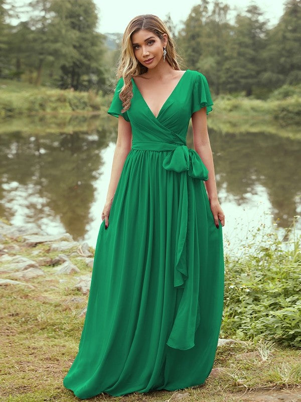 A-Line/Princess Chiffon Ruffles V-neck Short Sleeves Floor-Length Bridesmaid Dresses Evening Prom Dress
