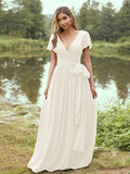 A-Line/Princess Chiffon Ruffles V-neck Short Sleeves Floor-Length Bridesmaid Dresses Evening Prom Dress