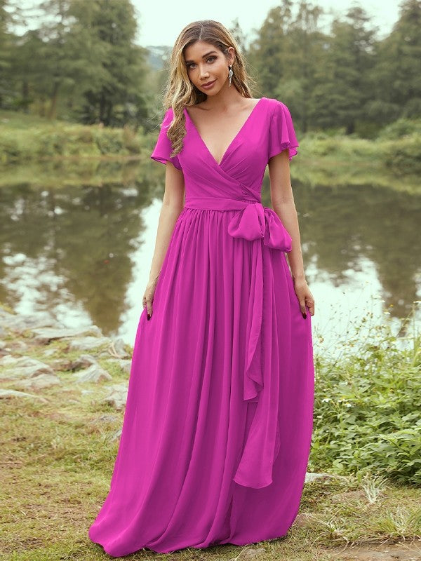 A-Line/Princess Chiffon Ruffles V-neck Short Sleeves Floor-Length Bridesmaid Dresses Evening Prom Dress