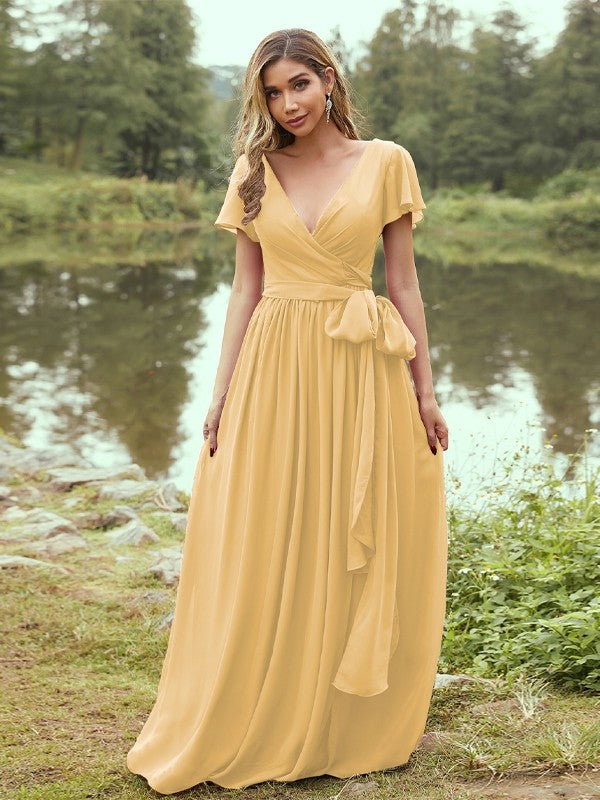 A-Line/Princess Chiffon Ruffles V-neck Short Sleeves Floor-Length Bridesmaid Dresses Evening Prom Dress