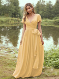 A-Line/Princess Chiffon Ruffles V-neck Short Sleeves Floor-Length Bridesmaid Dresses Evening Prom Dress