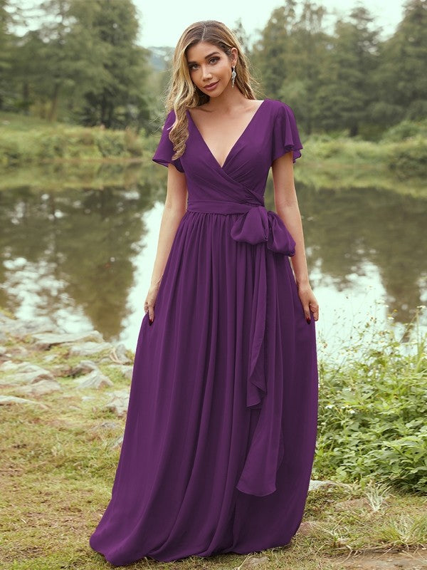 A-Line/Princess Chiffon Ruffles V-neck Short Sleeves Floor-Length Bridesmaid Dresses Evening Prom Dress