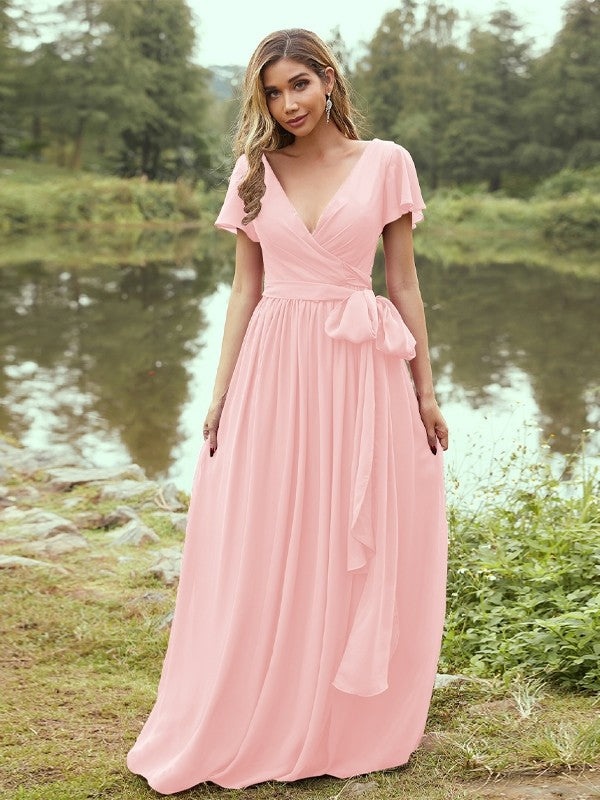 A-Line/Princess Chiffon Ruffles V-neck Short Sleeves Floor-Length Bridesmaid Dresses Evening Prom Dress