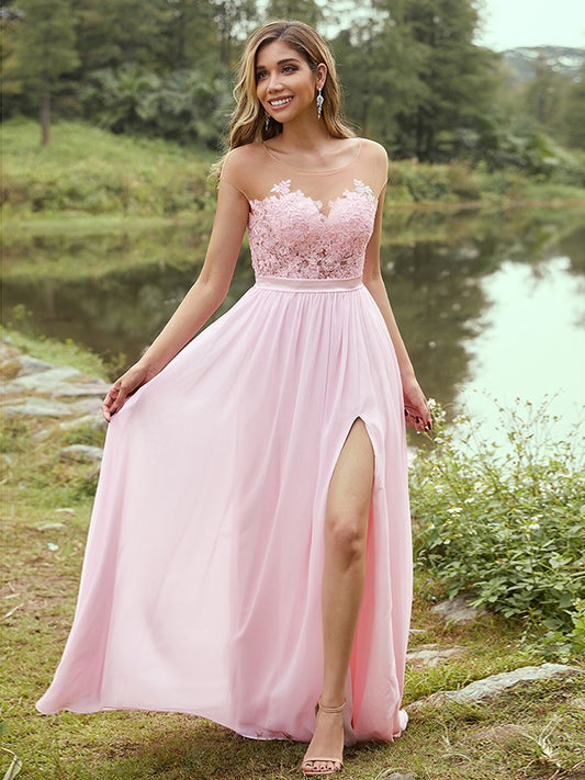 A-Line/Princess Chiffon Applique Scoop Short Sleeves Floor-Length Bridesmaid Dresses Evening Prom Dress
