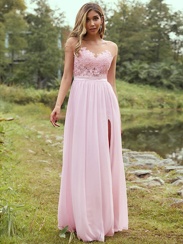 A-Line/Princess Chiffon Applique Scoop Short Sleeves Floor-Length Bridesmaid Dresses Evening Prom Dress