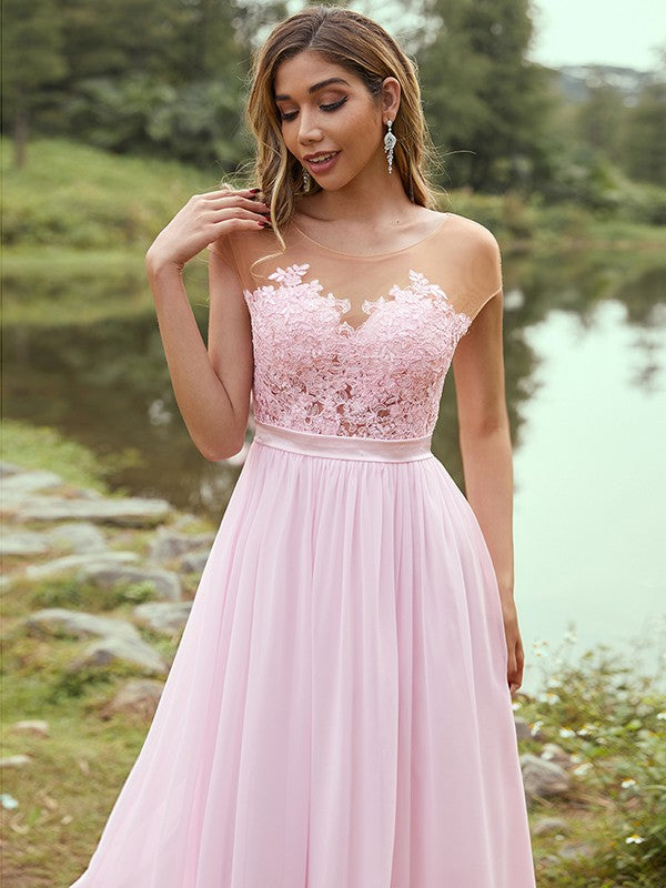 A-Line/Princess Chiffon Applique Scoop Short Sleeves Floor-Length Bridesmaid Dresses Evening Prom Dress