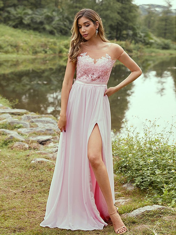 A-Line/Princess Chiffon Applique Scoop Short Sleeves Floor-Length Bridesmaid Dresses Evening Prom Dress