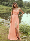A-Line/Princess Chiffon Applique Scoop Short Sleeves Floor-Length Bridesmaid Dresses Evening Prom Dress