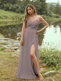 A-Line/Princess Chiffon Applique Scoop Short Sleeves Floor-Length Bridesmaid Dresses Evening Prom Dress