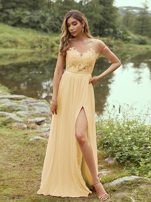 A-Line/Princess Chiffon Applique Scoop Short Sleeves Floor-Length Bridesmaid Dresses Evening Prom Dress